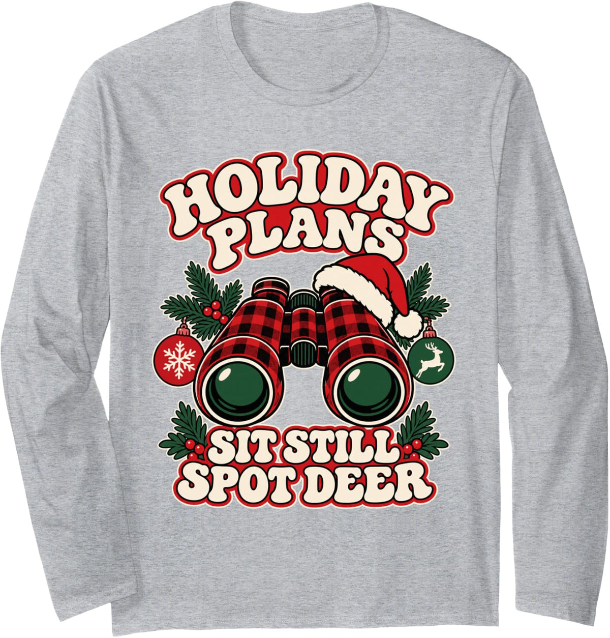 Christmas Deer Hunting Binoculars Buffalo Plaid Hunter Long Sleeve T-Shirt - Adult Unisex Heather Grey