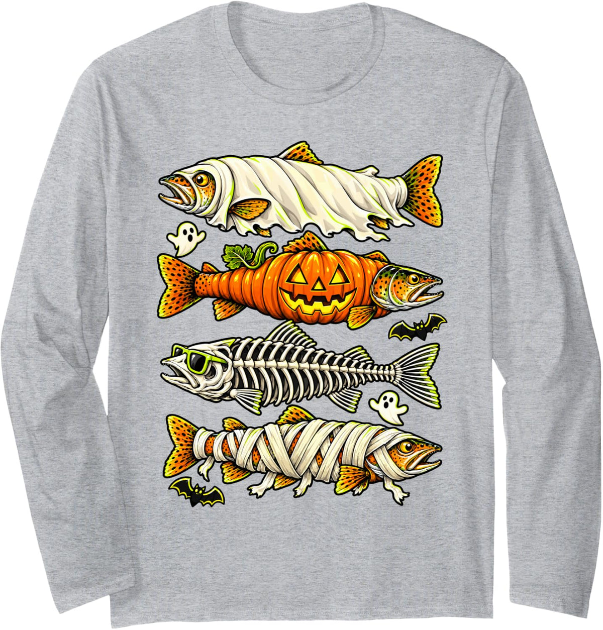 Halloween Trout Fish Ghost Pumpkin Skeleton Mummy Fishing Long Sleeve T-Shirt - Adult Unisex Heather Grey