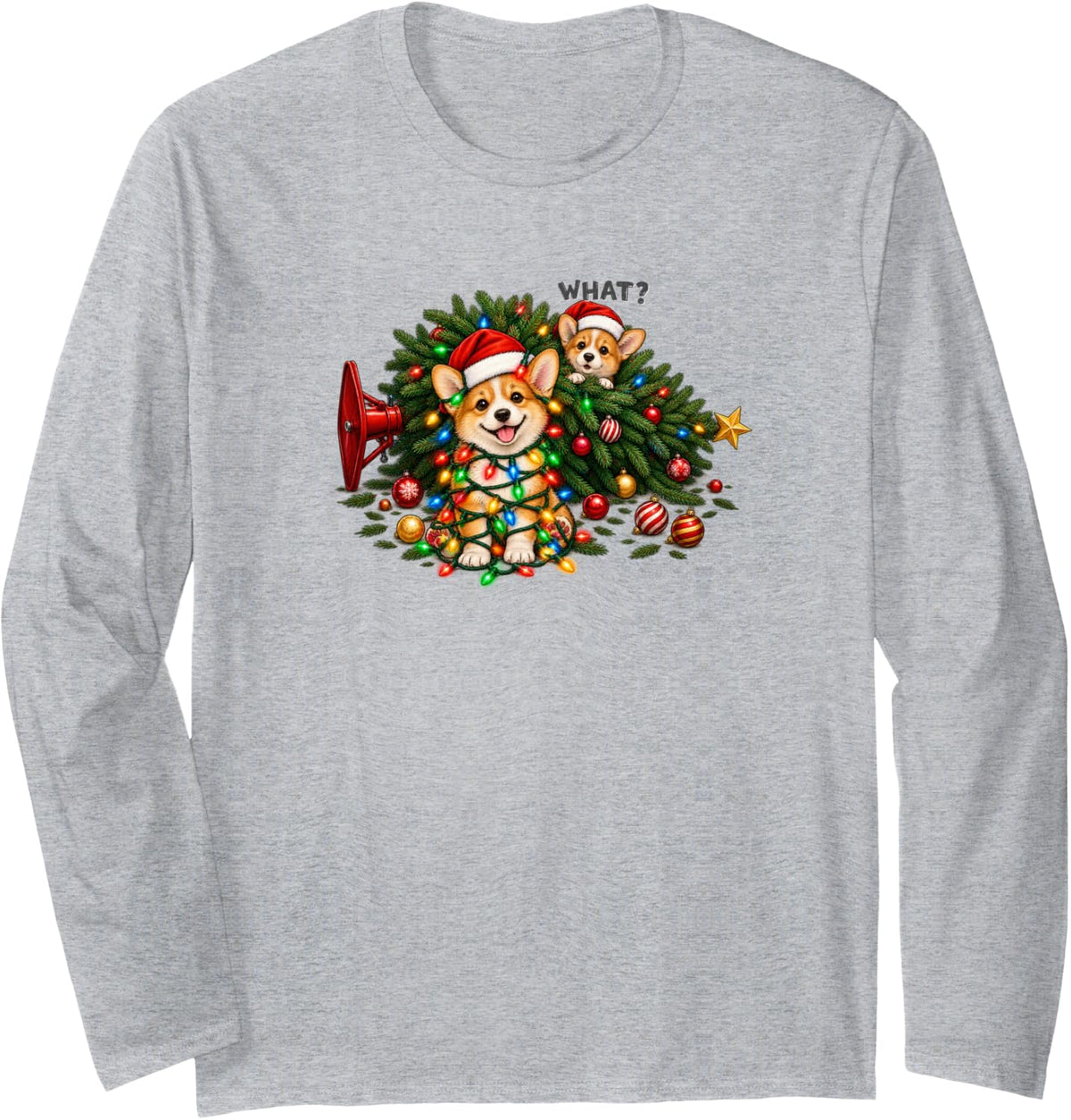 Pembroke Welsh Corgi Christmas Lights Santa Hats Holiday Long Sleeve T-Shirt - Adult Unisex Heather Grey