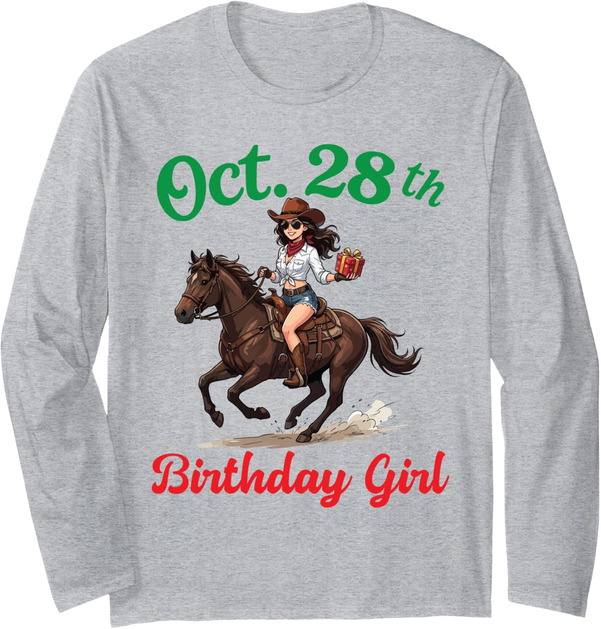 Born On October 28th Happy Birthday to Me Girl Riding Horse Long Sleeve T-Shirt - Adult Unisex Heather Grey