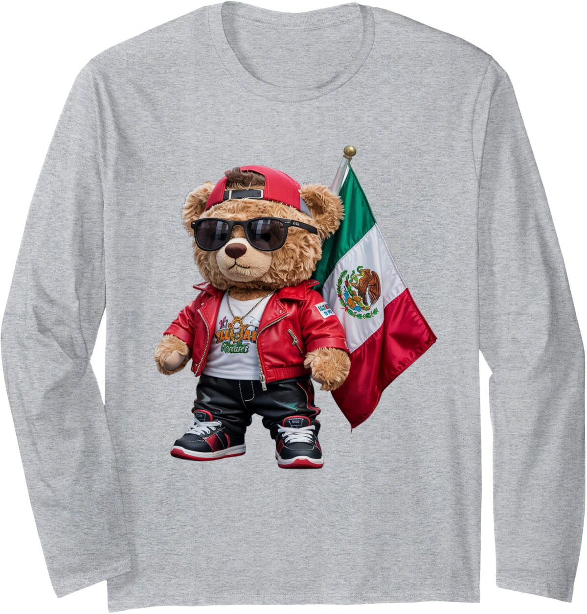 Funny Teddy Bear Mexican Flag Rap Fashion Stylish Hip hop Long Sleeve T-Shirt - Adult Unisex Heather Grey
