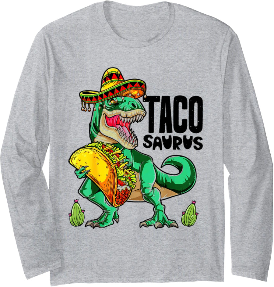 Tacosaurus Taco Dinosaur Funny Dino Cinco De Mayo Mexican Long Sleeve T-Shirt - Adult Unisex Heather Grey