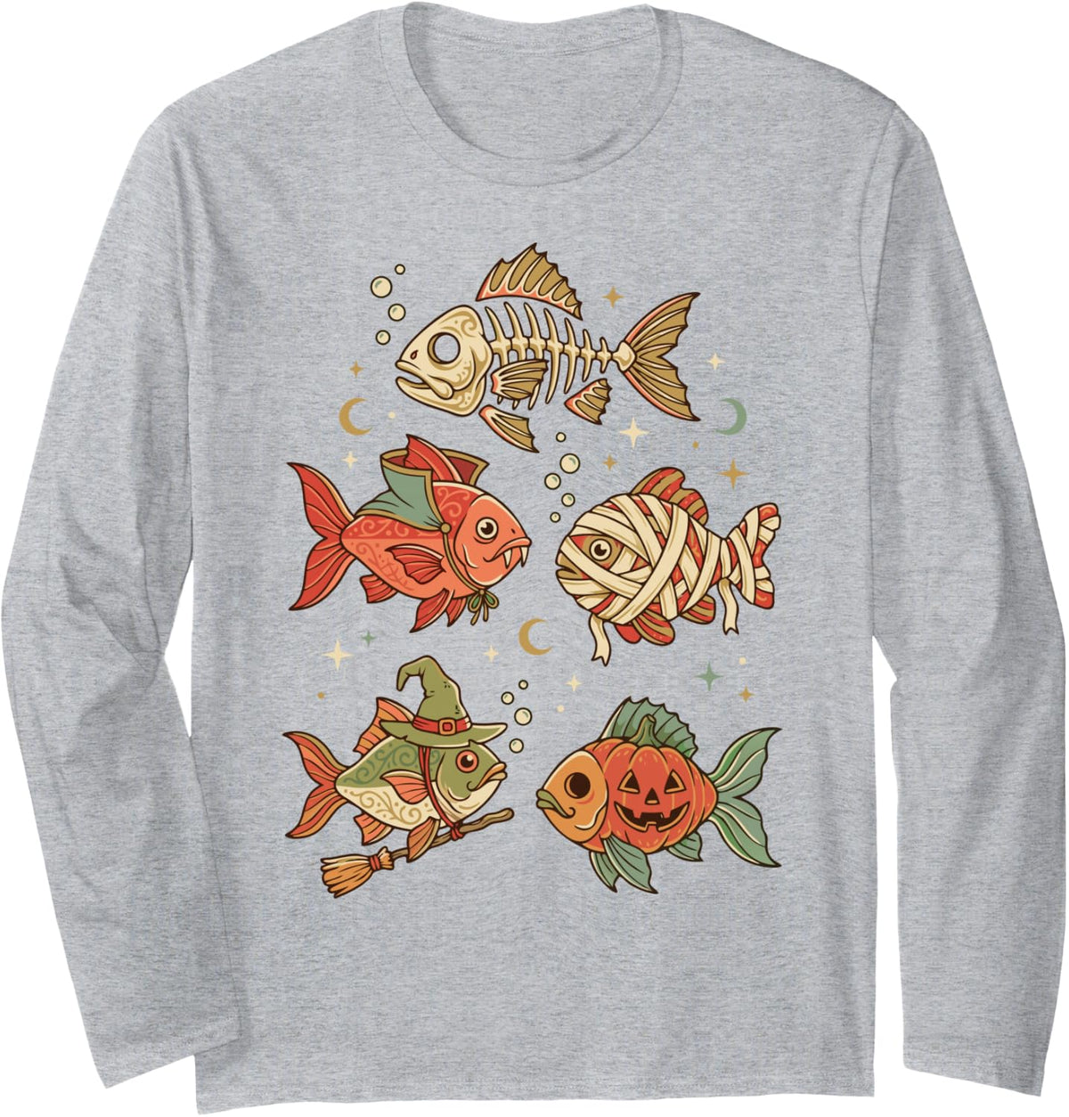 Halloween Trout Bass Fish Costumes Pumpkin Skeleton Mummy Long Sleeve T-Shirt - Adult Unisex Heather Grey