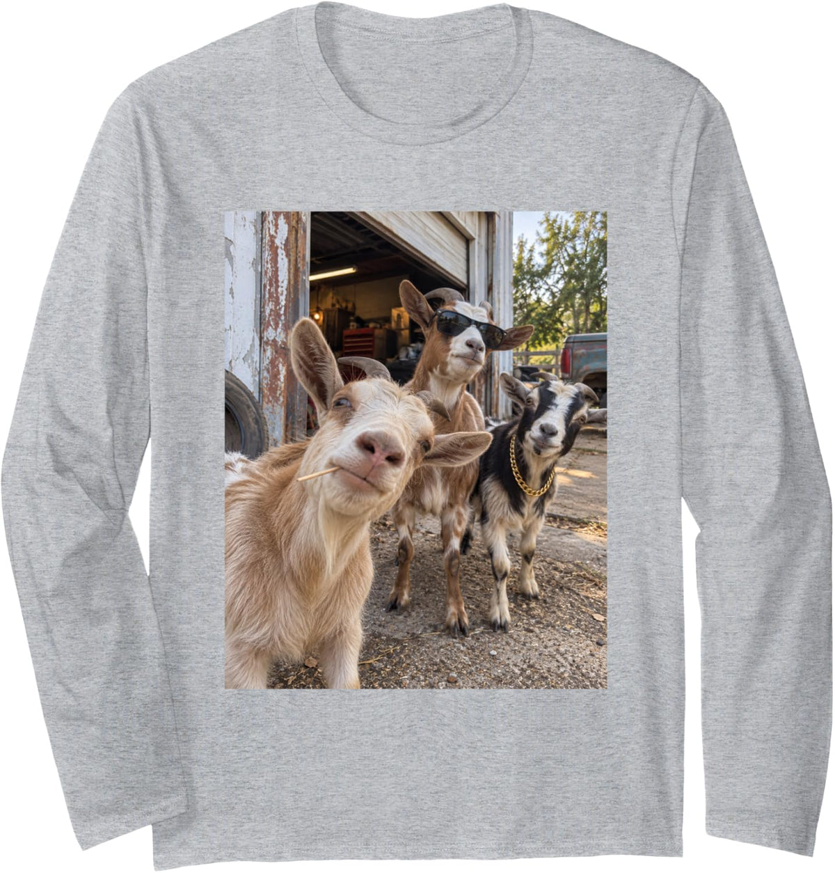 Funny Goat Garage Crew Gangster Farm Animal Photo Meme Long Sleeve T-Shirt - Adult Unisex Heather Grey