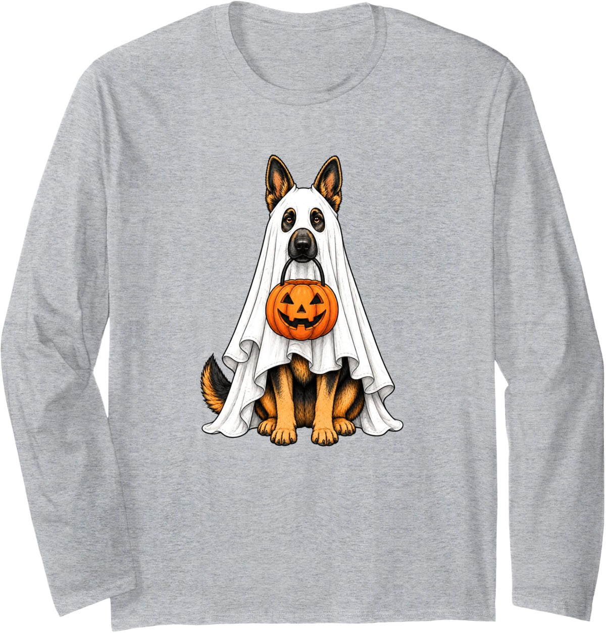 German Shepherd Ghost Pumpkin Halloween Costume Long Sleeve T-Shirt - Adult Unisex Heather Grey
