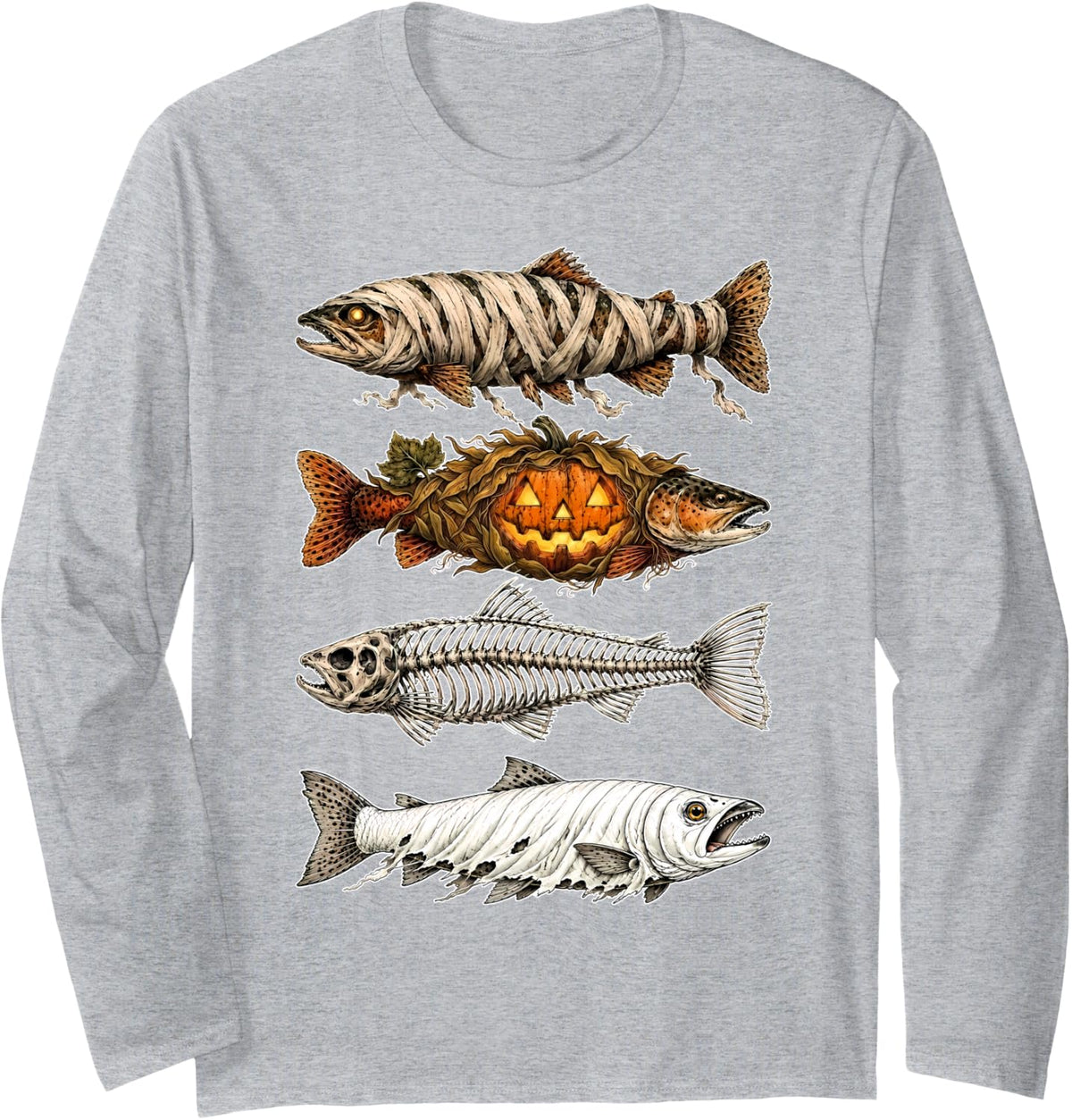 Funny Trout Fish Ghost Pumpkin Skeleton Mummy Halloween Fall Long Sleeve T-Shirt - Adult Unisex Heather Grey