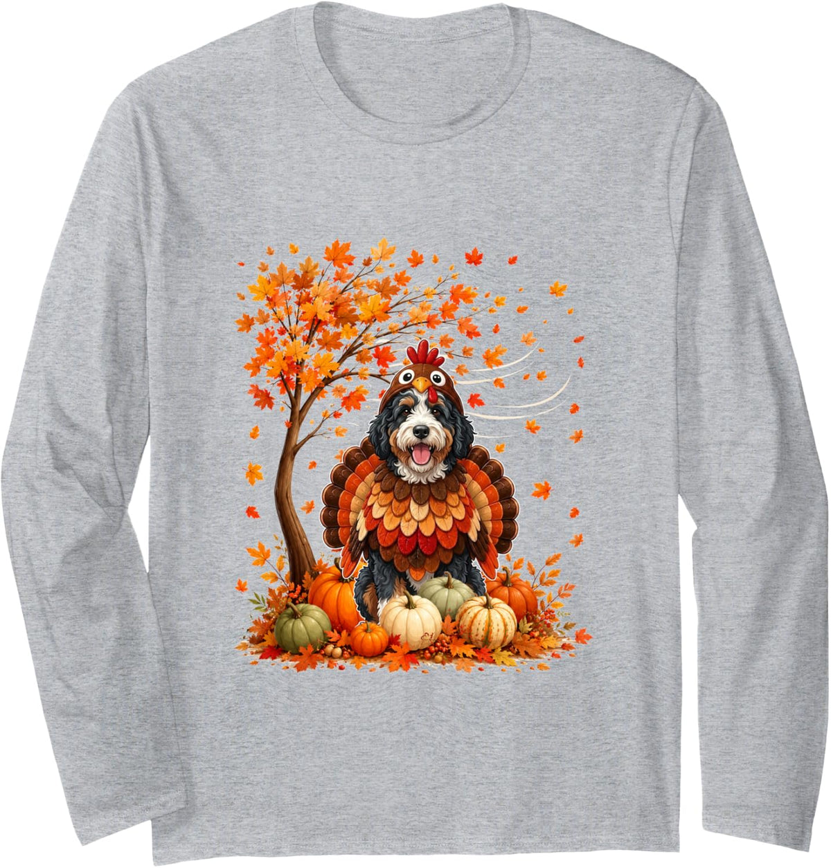 Bernedoodle Cosplay Turkey Fall Tree Pumpkins Thanksgiving Long Sleeve T-Shirt - Adult Unisex Heather Grey