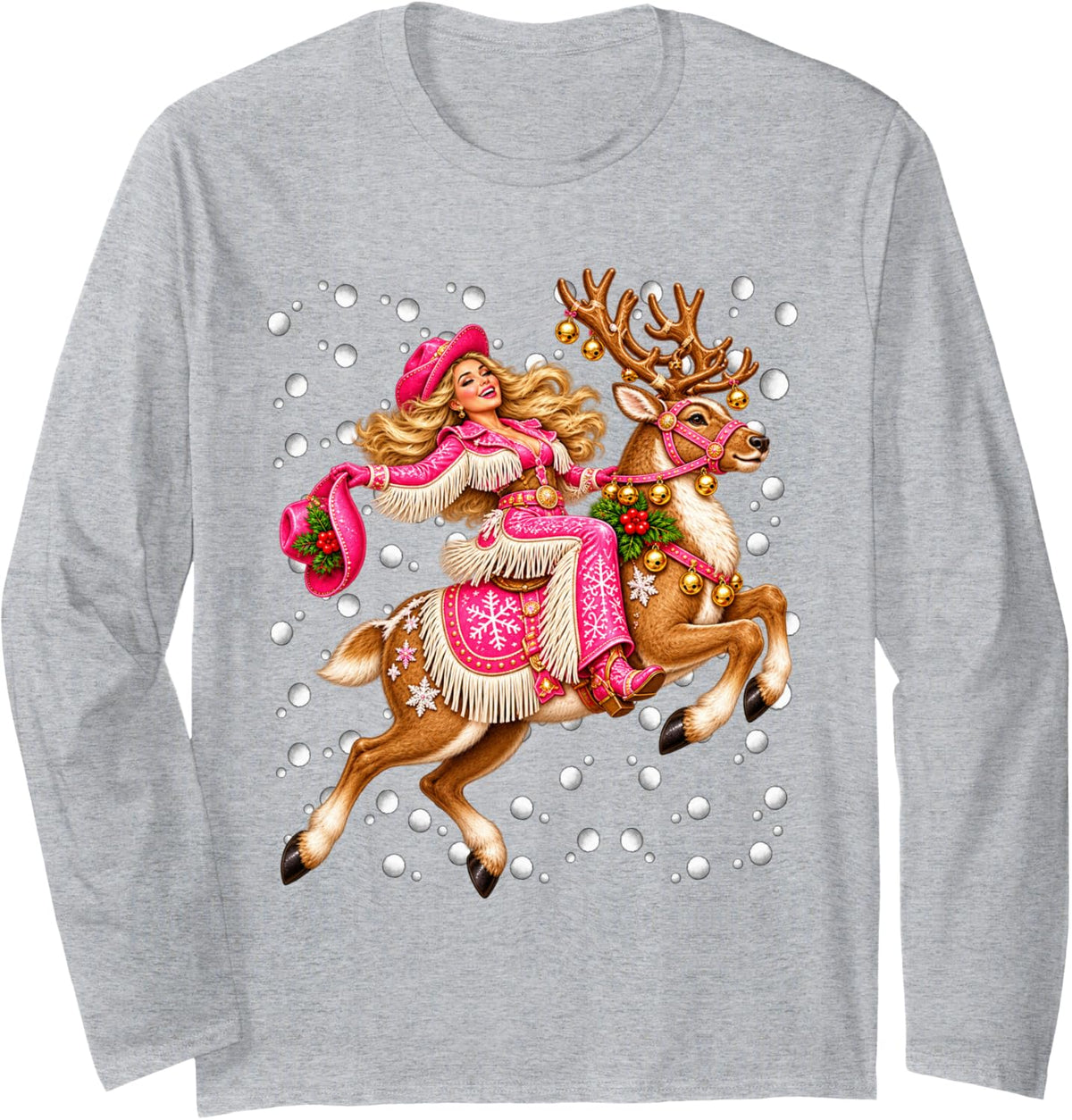 Pink Christmas Cowgirl with Reindeer Western Rodeo Xmas Long Sleeve T-Shirt - Adult Unisex Heather Grey