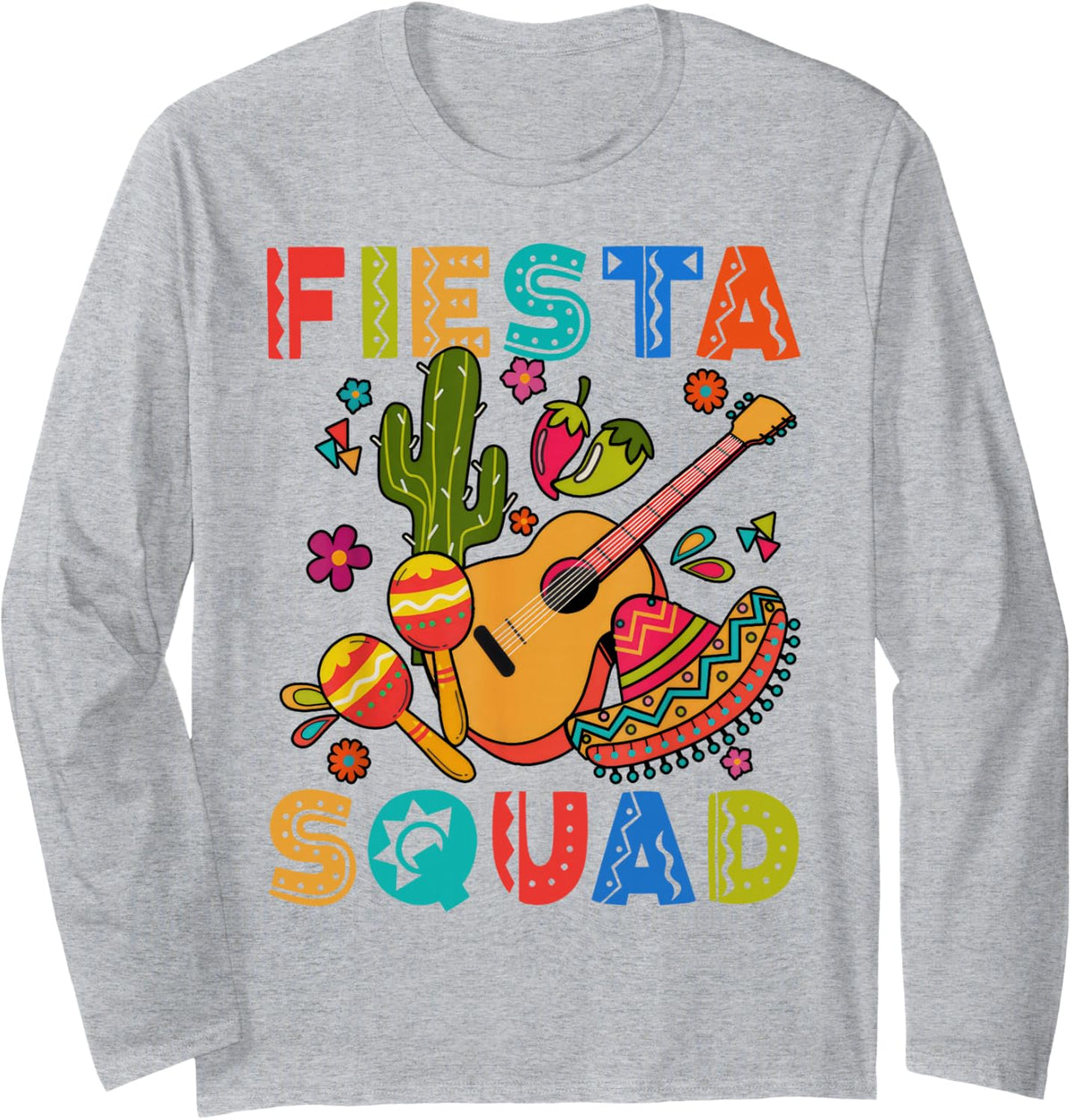 Cinco de Mayo Fiesta Squad Family Mexican Guitar Sombrebro Long Sleeve T-Shirt - Adult Unisex Heather Grey