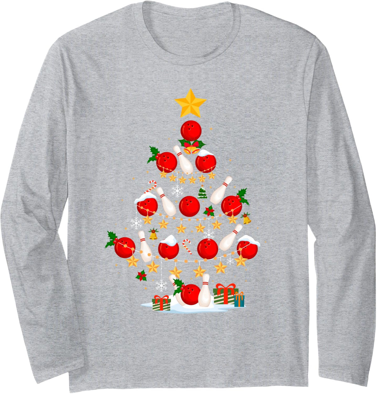 Bowling Christmas Tree Ugly Christmas Sweater Kids Adults Long Sleeve T-Shirt - Adult Unisex Heather Grey