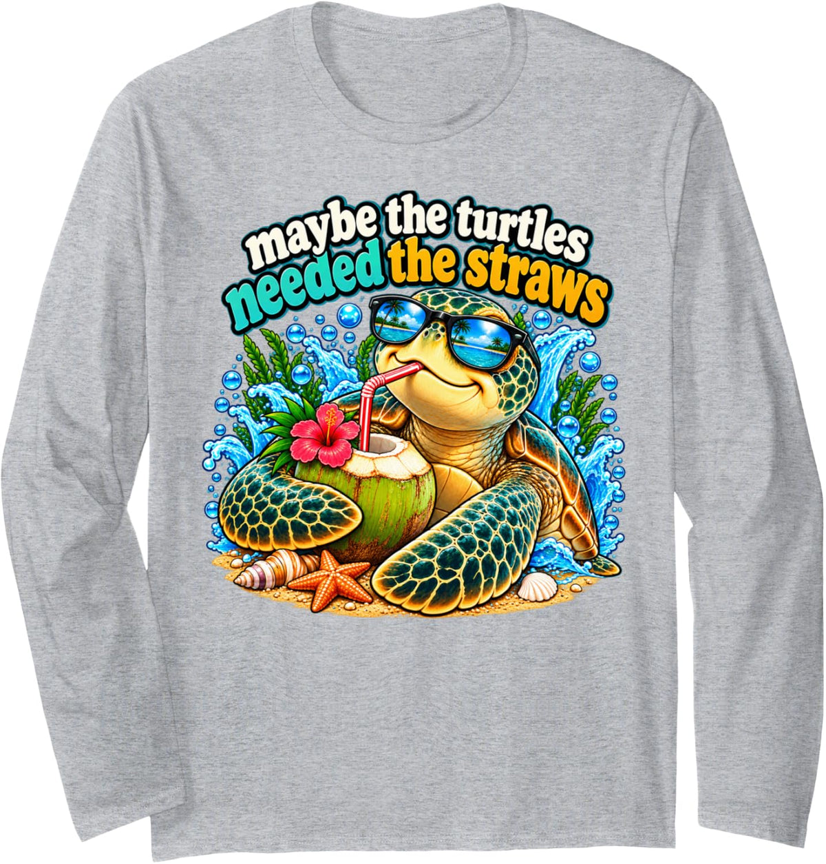Funny Turtle Anti Plastic Pollution Ocean Wildlife Lover Long Sleeve T-Shirt - Adult Unisex Heather Grey