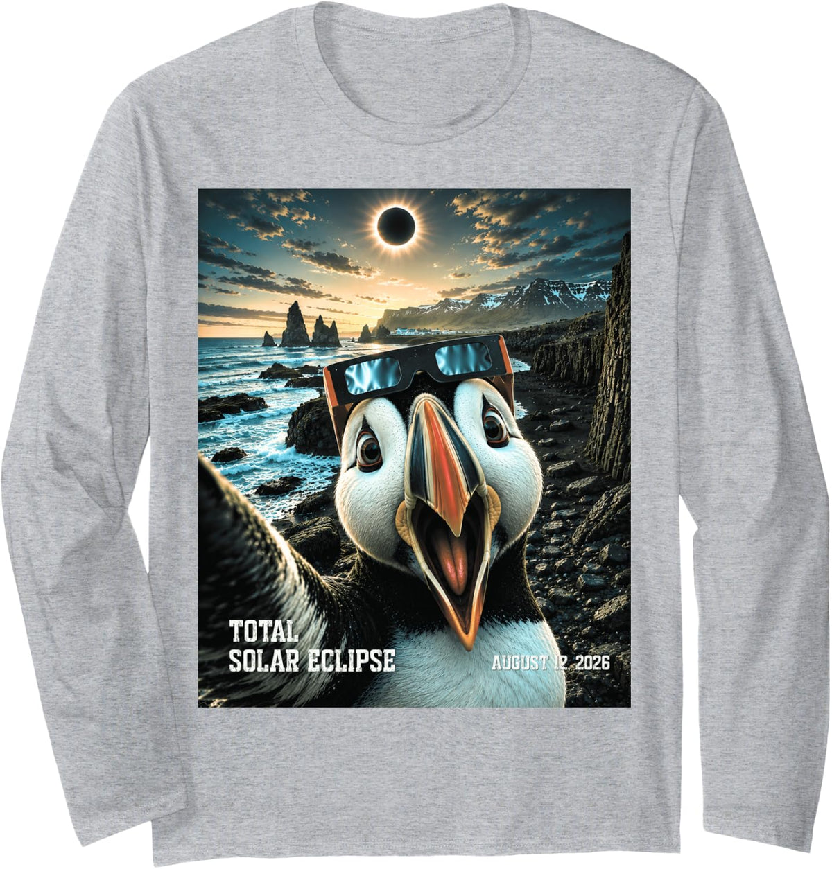 Total Solar Eclipse Iceland Puffin Selfie August 12 2026 Long Sleeve T-Shirt - Adult Unisex Heather Grey