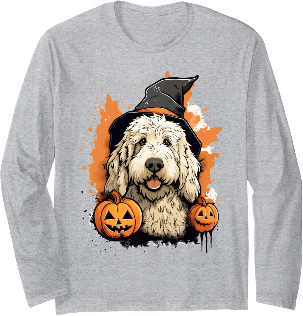 Goldendoodle Halloween Cute and Spooky Doodle Dog Long Sleeve T-Shirt - Adult Unisex Heather Grey