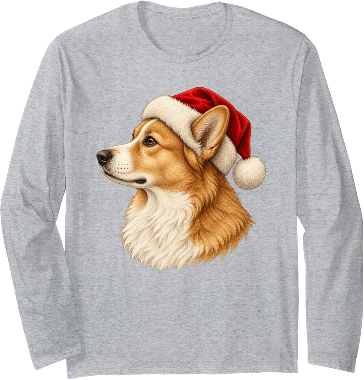Santa Hat Pembroke Welsh Corgi Christmas Long Sleeve T-Shirt - Adult Unisex Heather Grey