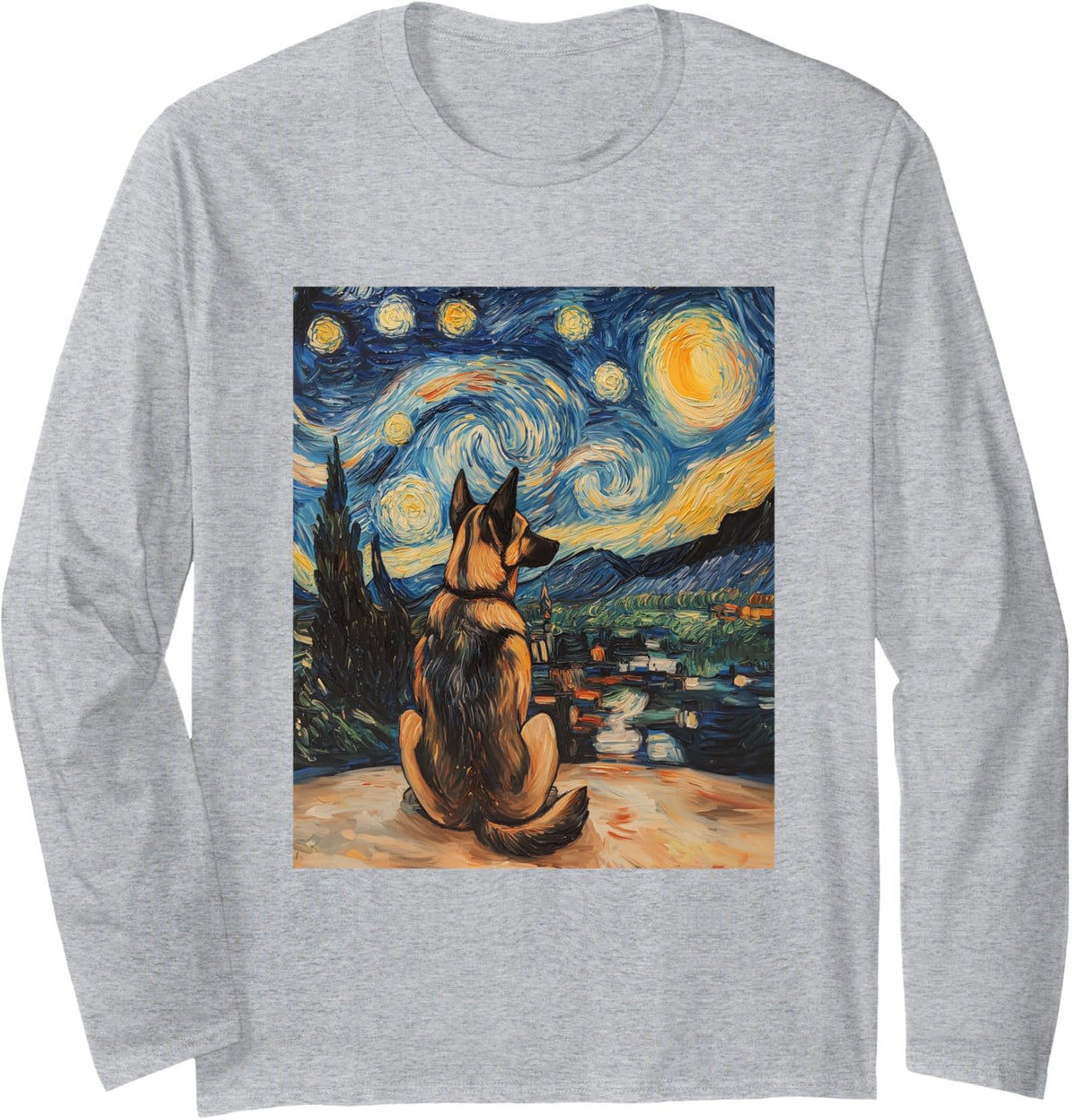 German Shepherd Dog Doggy Van Gogh Style Starry Night Long Sleeve T-Shirt - Adult Unisex Heather Grey