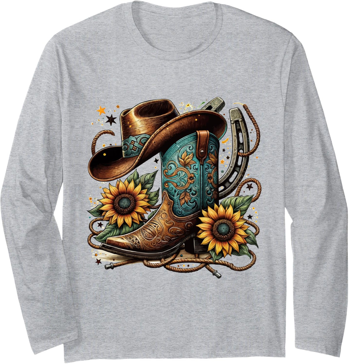 Western Cowboy Boot Horseshoe Sunflower Rope Cowgirl Boot Long Sleeve T-Shirt - Adult Unisex Heather Grey