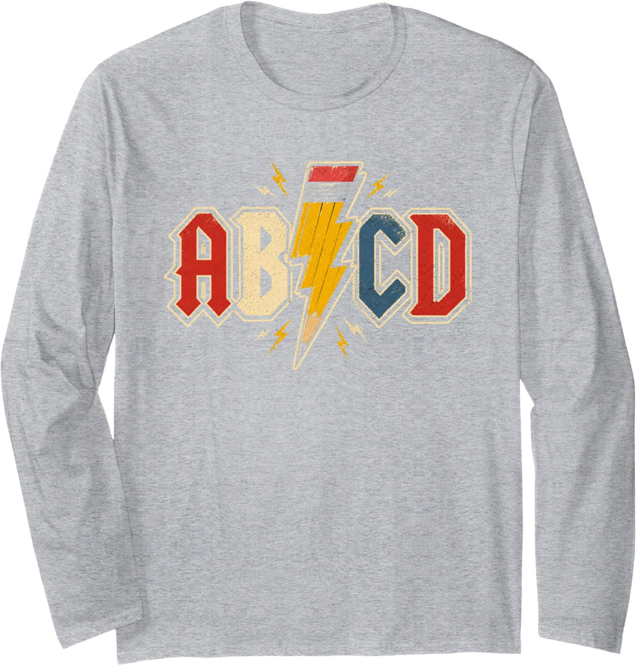 Retro Teacher Preschool Alphabet Lightning Pencil ABCD Long Sleeve T-Shirt - Adult Unisex Heather Grey
