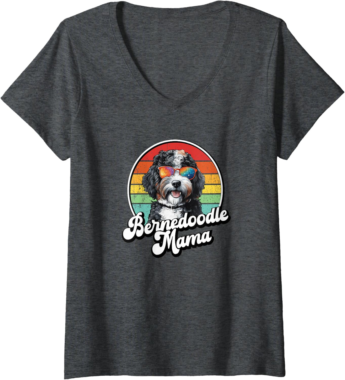 Women's Womens Girls Retro Vintage Mom Bernedoodle Mama Dog Lover V-Neck T-Shirt - Dark Heather Grey
