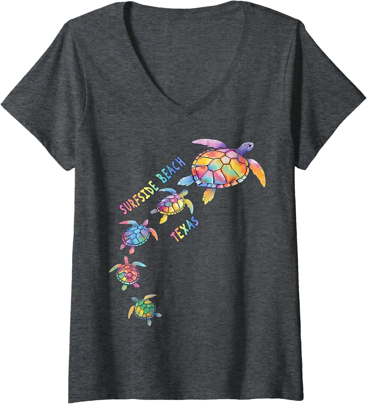 Women's Surfside Beach Texas Sea Turtle Lover Beach V-Neck T-Shirt - Dark Heather Grey