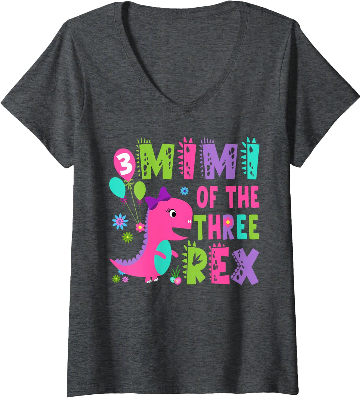 Women's Mimi of The Three Rex Dinosaur T-Rex 3rd Birthday Boy V-Neck T-Shirt - Dark Heather Grey