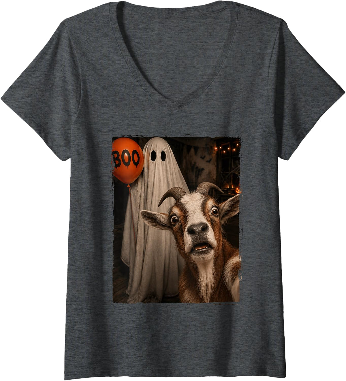 Women's Funny Goat Halloween Selfie Ghost Boo Balloon Zoo Kids V-Neck T-Shirt - Dark Heather Grey