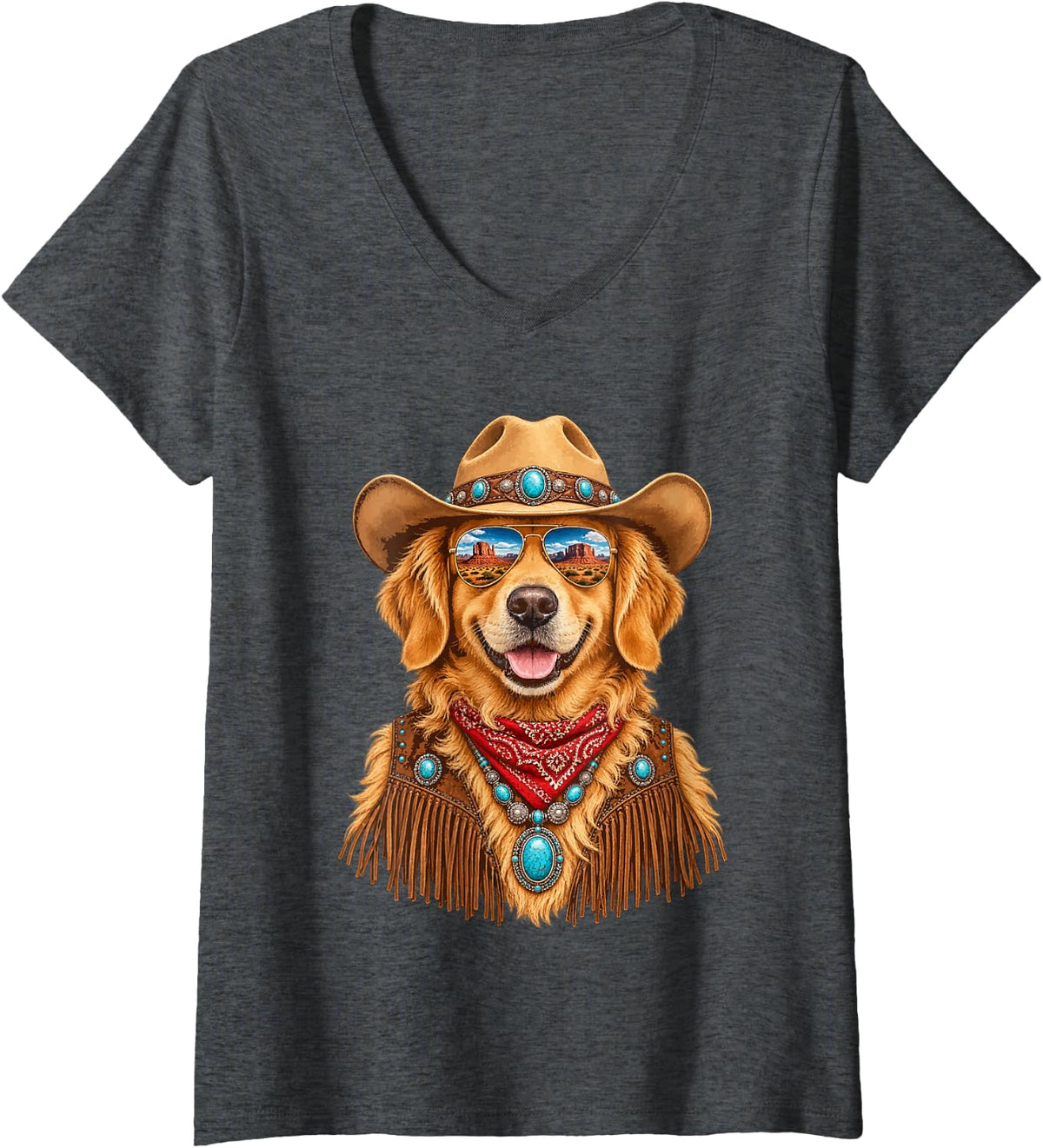 Women's Glam Golden Retriever with Cowboy Hat Western Dog Boho V-Neck T-Shirt - Dark Heather Grey