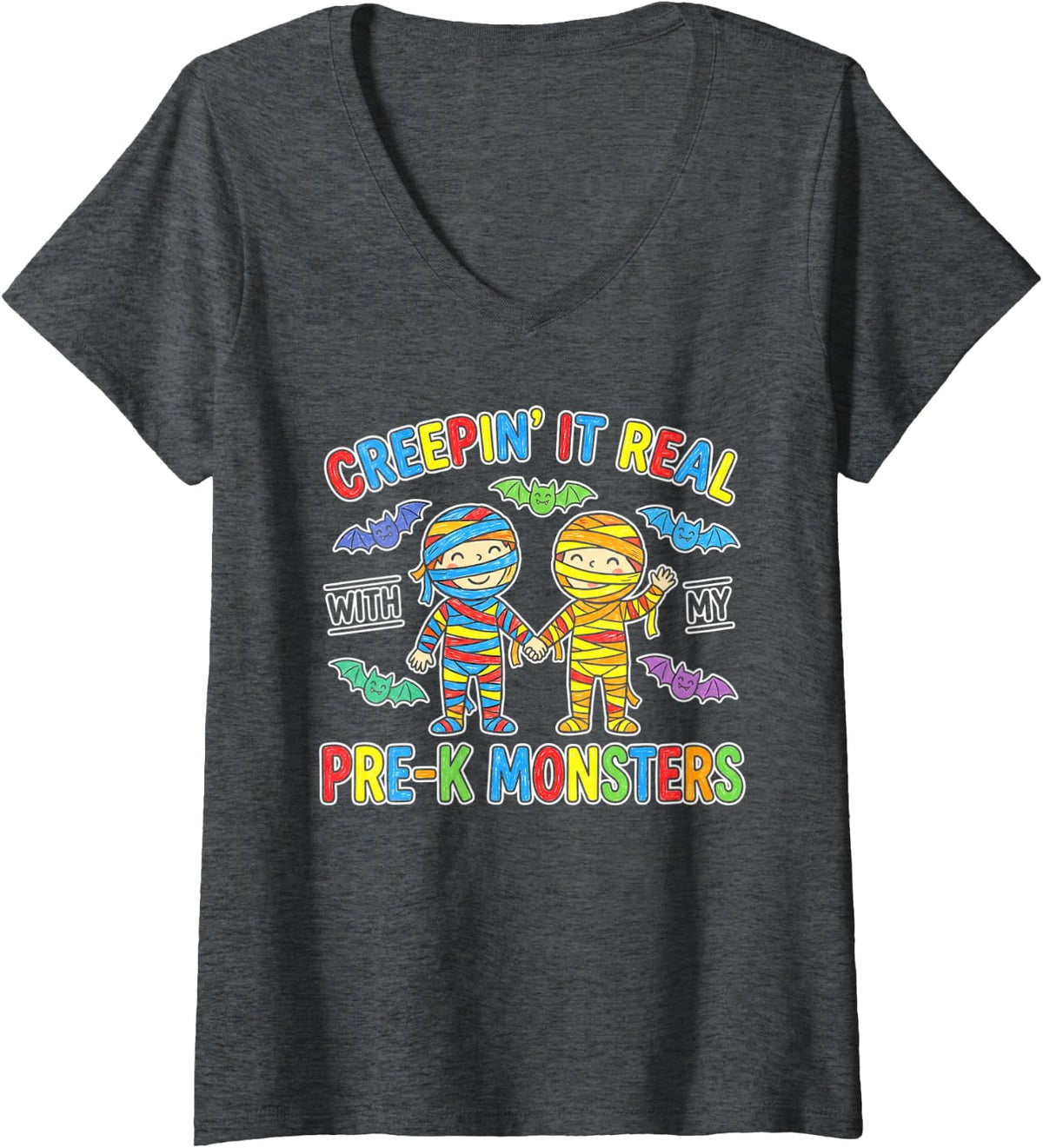 Women's Creepin It Real Pre-K Monsters Halloween Preschool Teacher V-Neck T-Shirt - Dark Heather Grey