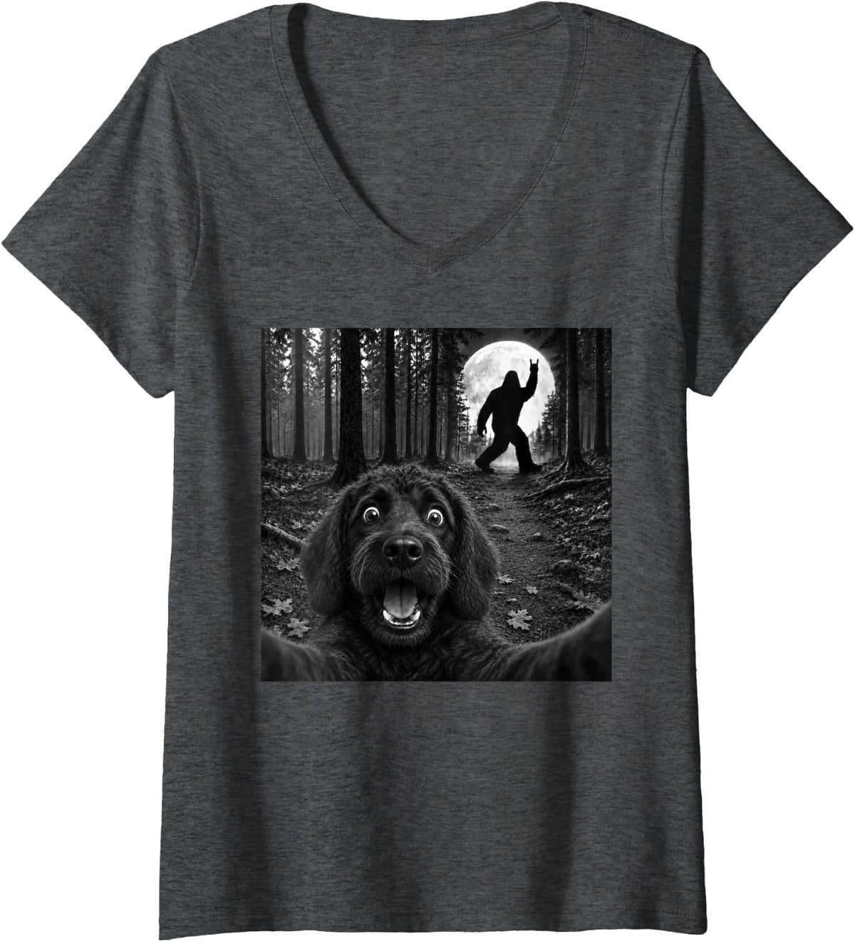 Women's Labradoodle Selfie with Bigfoot Rock and Roll Dog Sasquatch V-Neck T-Shirt - Dark Heather Grey