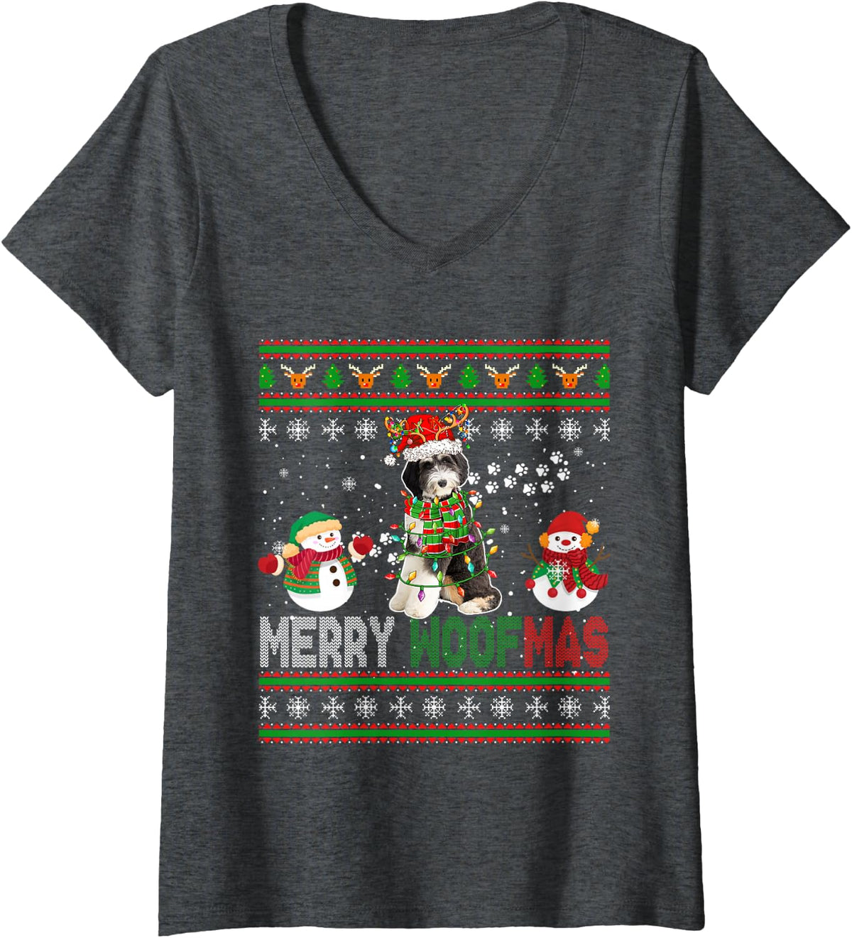 Women's Merry Christmas Woof Santa Reindeer Bernedoodle Snowmen V-Neck T-Shirt - Dark Heather Grey