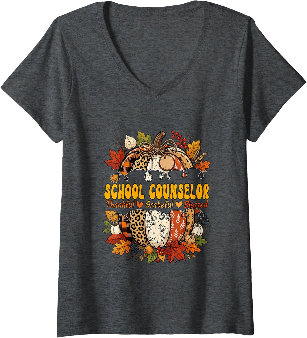 Women's School Counselor Thankful Blessed Grateful Thanksgiving V-Neck T-Shirt - Dark Heather Grey