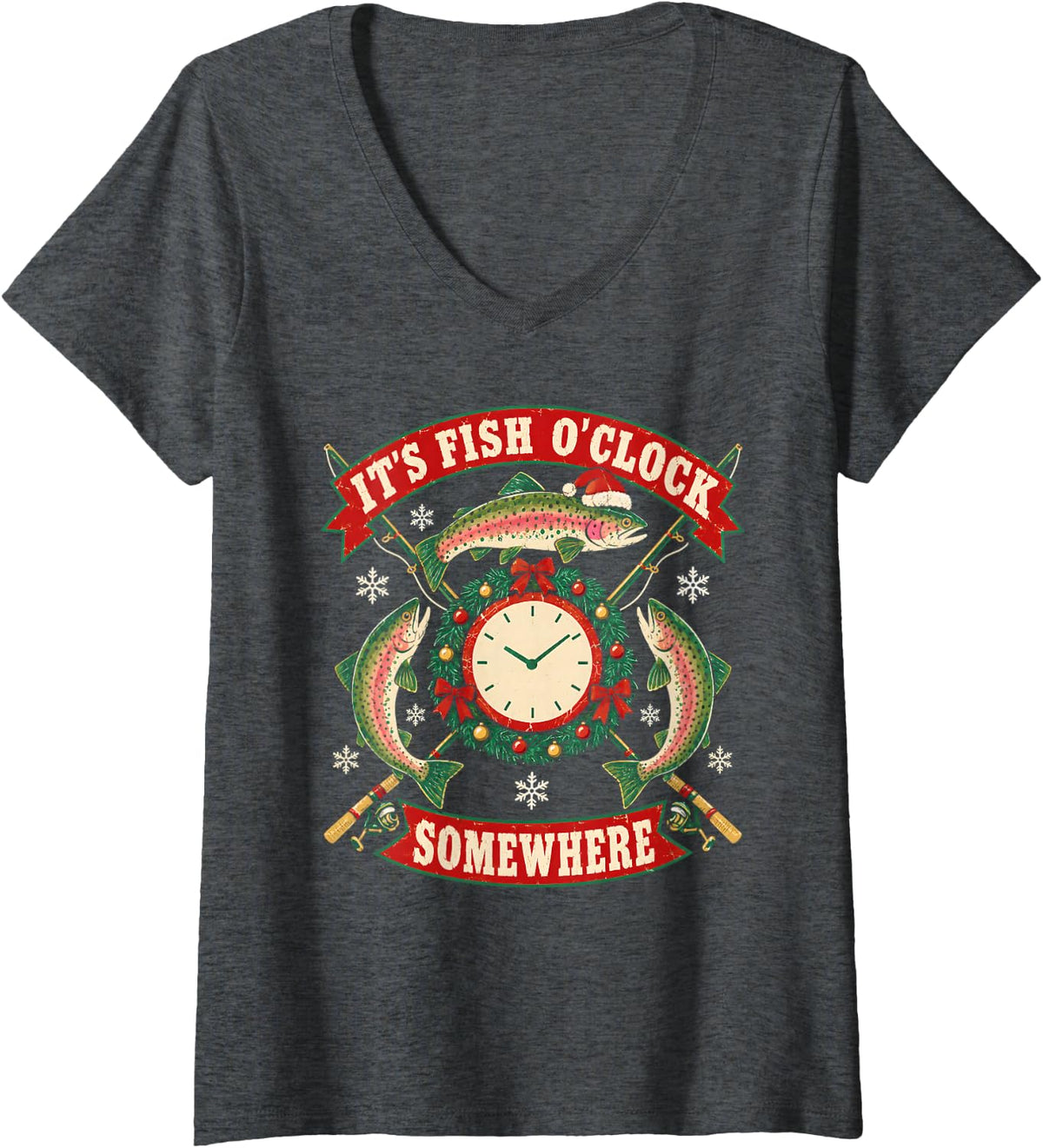 Women's It's Fish O Clock Somewhere Christmas Trout Fishing V-Neck T-Shirt - Dark Heather Grey