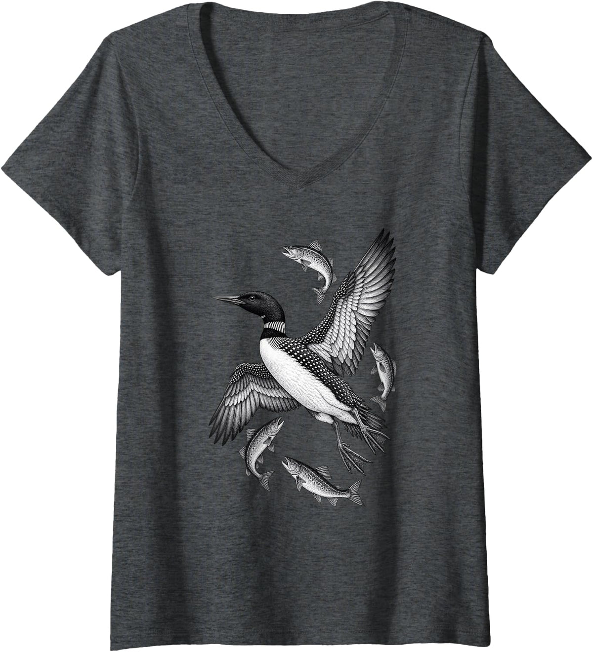 Women's Loon and Trout Freshwater Fishing Wildlife V-Neck T-Shirt - Dark Heather Grey