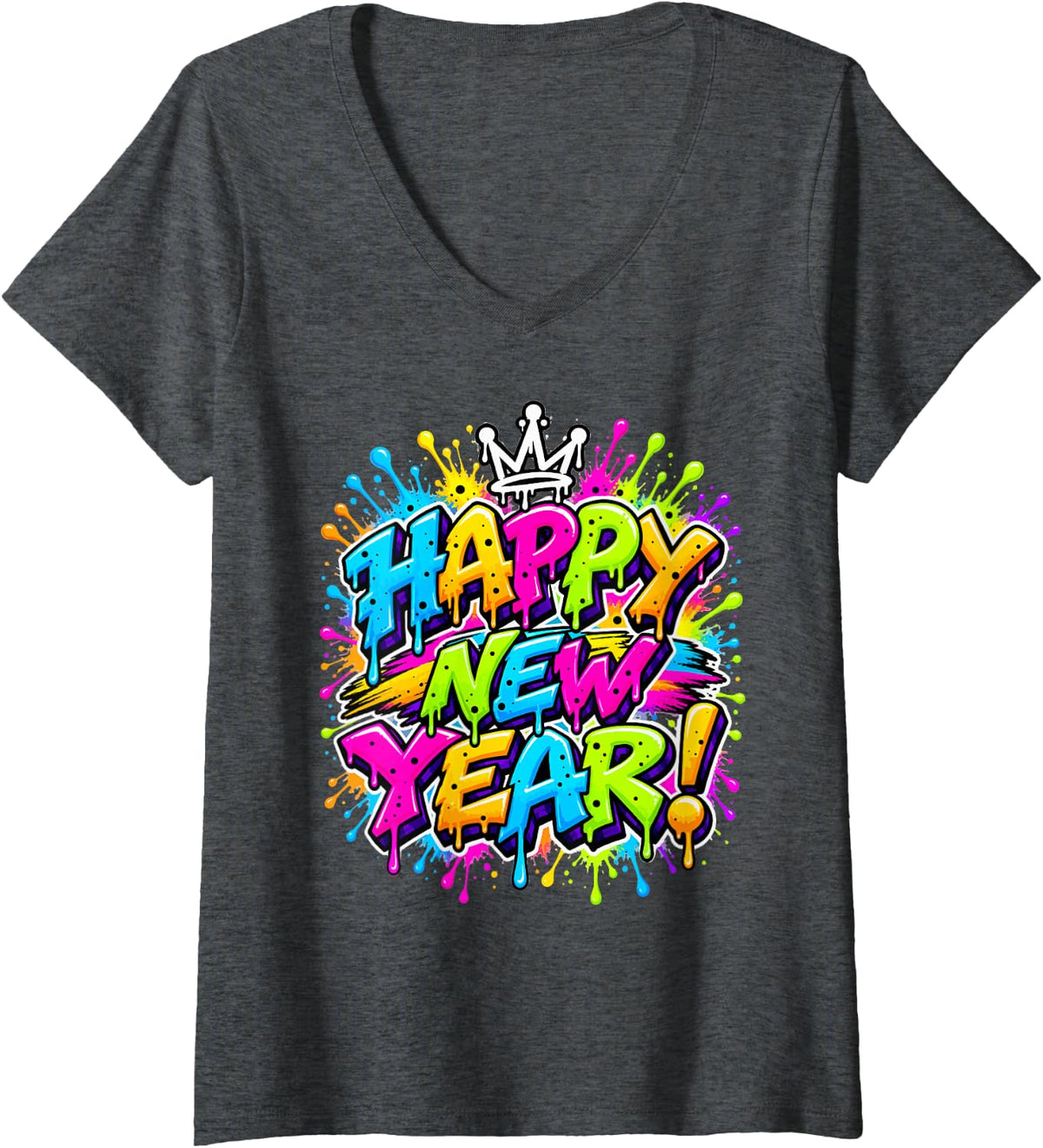 Women's Happy New Year Colorful Graffiti Drip Art V-Neck T-Shirt - Dark Heather Grey