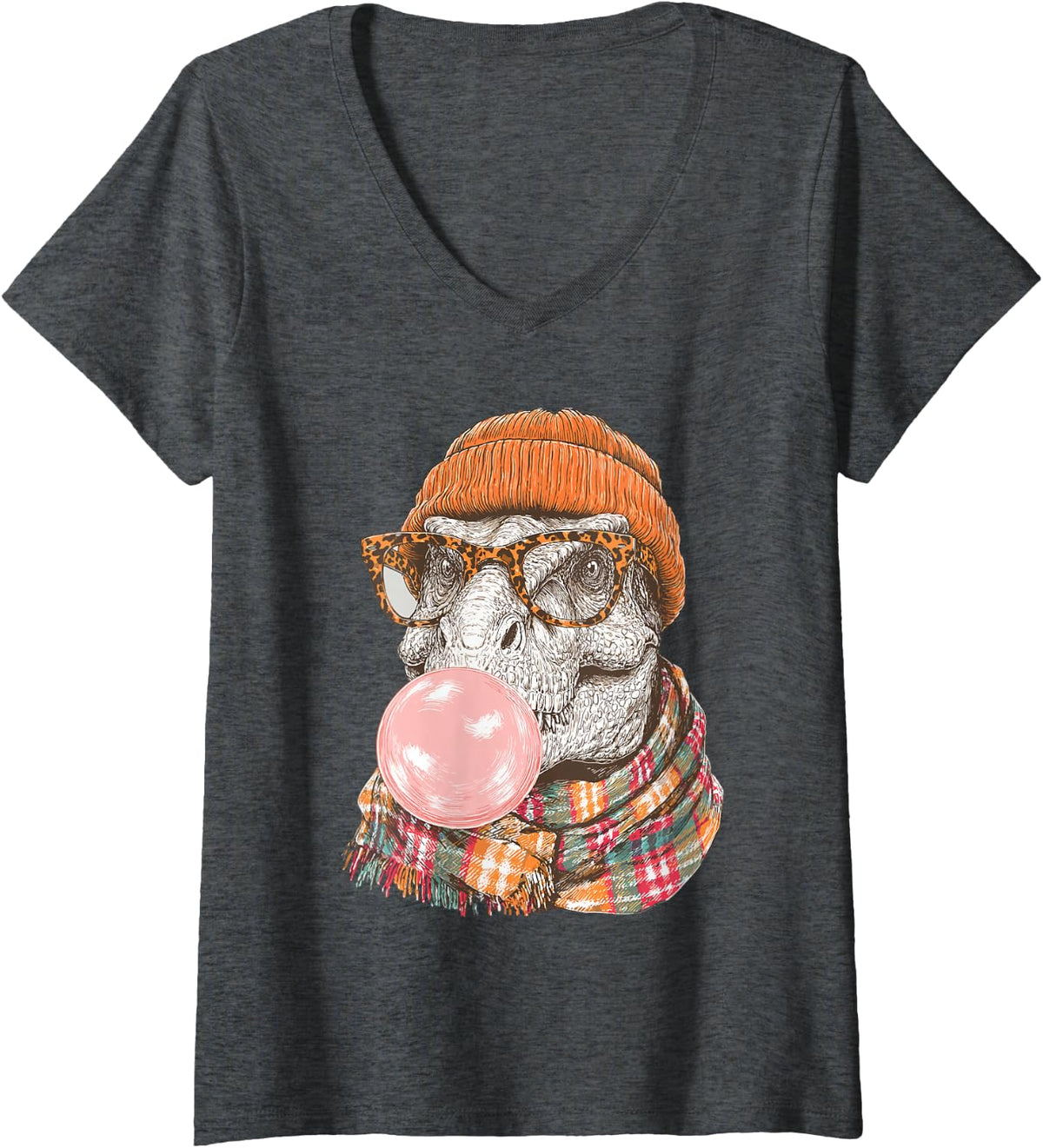 Women's Fall T-rex with Sunglasses and Bubblegum Autumn Dinosaur V-Neck T-Shirt - Dark Heather Grey