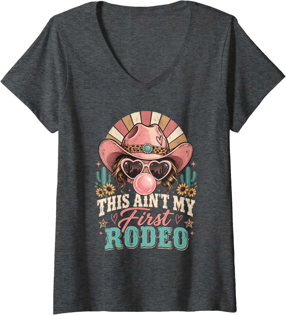 Women's This Ain't My First Rodeo Western Cowgirl V-Neck T-Shirt - Dark Heather Grey
