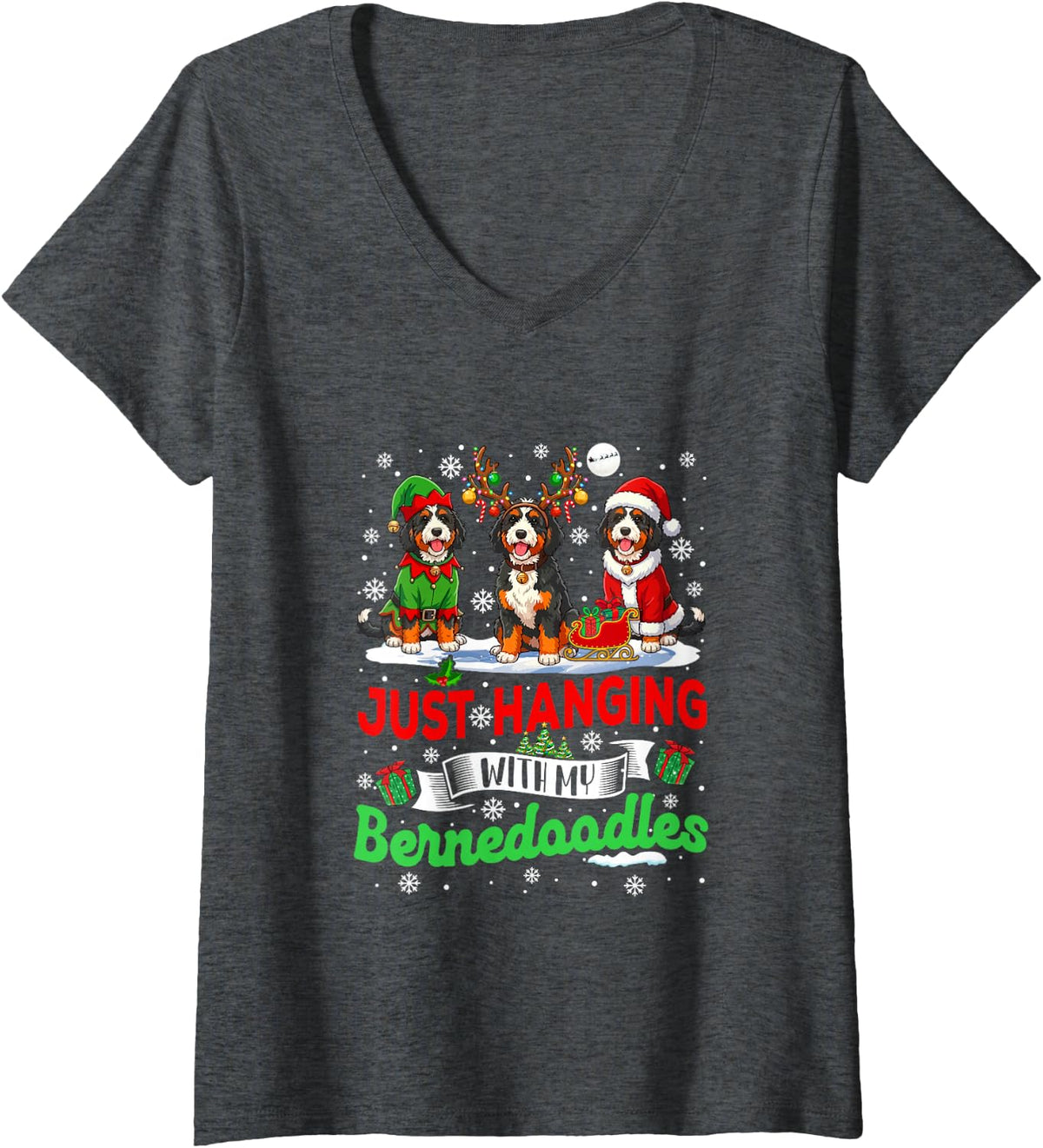 Women's Just Hanging with My Bernedoodles Xmas Santa Reindeer Elf V-Neck T-Shirt - Dark Heather Grey