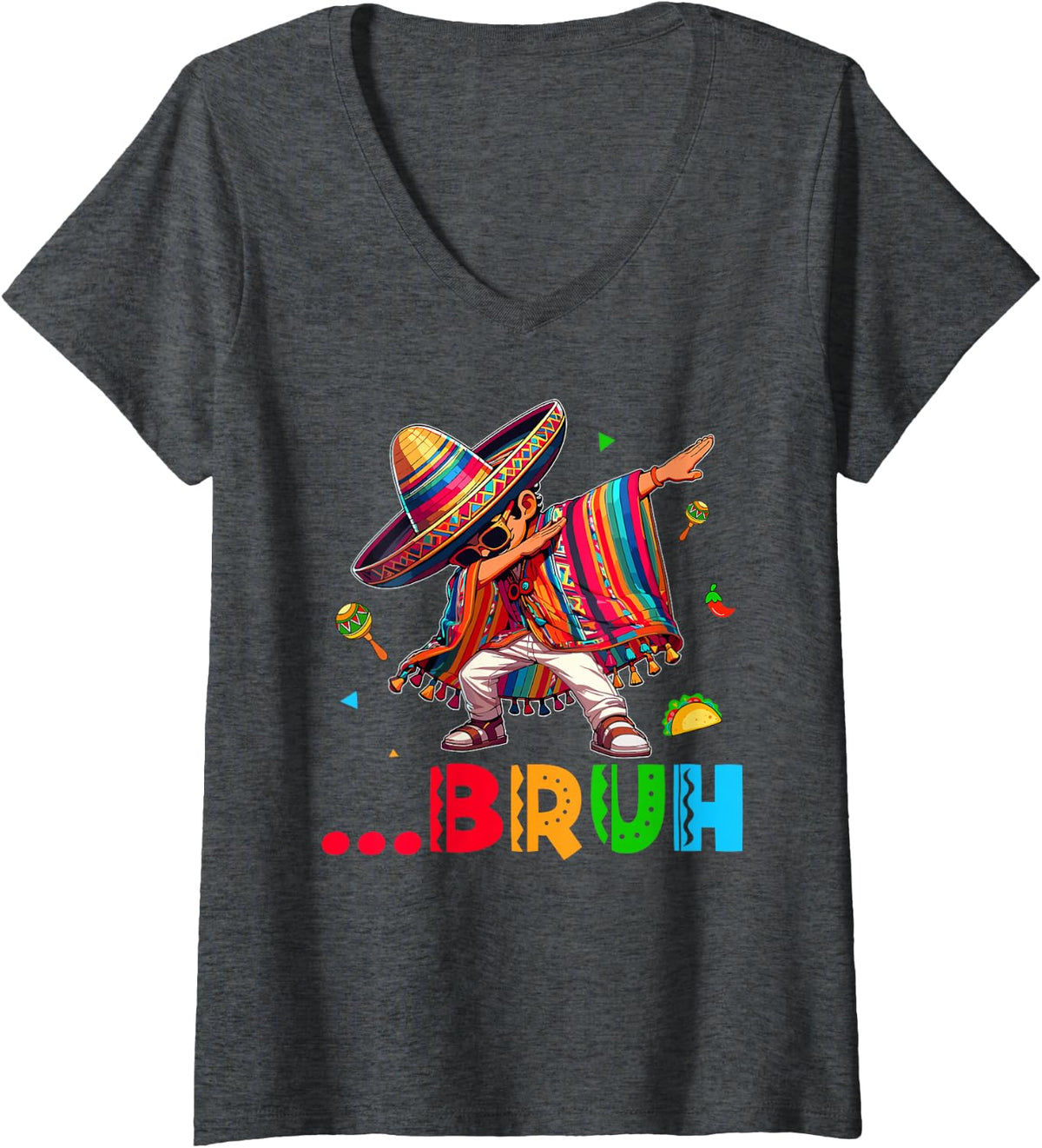 Women's Bruh Mexican Boy Dabbing Poncho Cinco de Mayo Children Boys Men V-Neck T-Shirt - Dark Heather Grey
