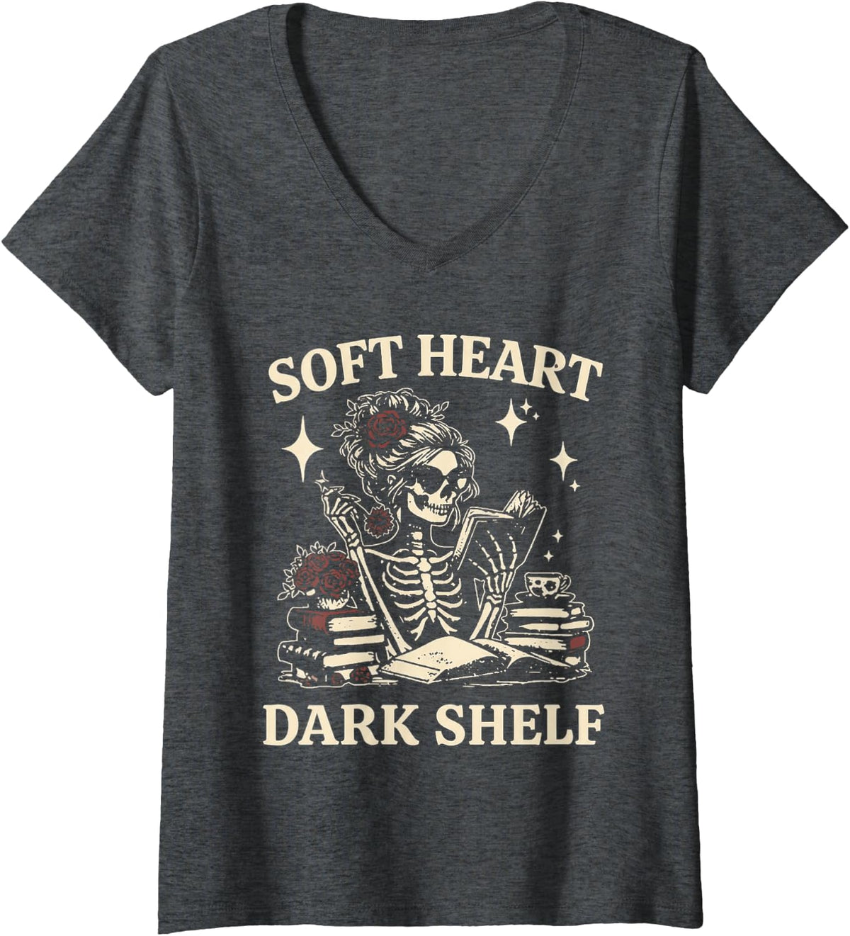 Women's Soft Heart Dark Shelf Dark Romance Book Lover Skeleton Goth V-Neck T-Shirt - Dark Heather Grey