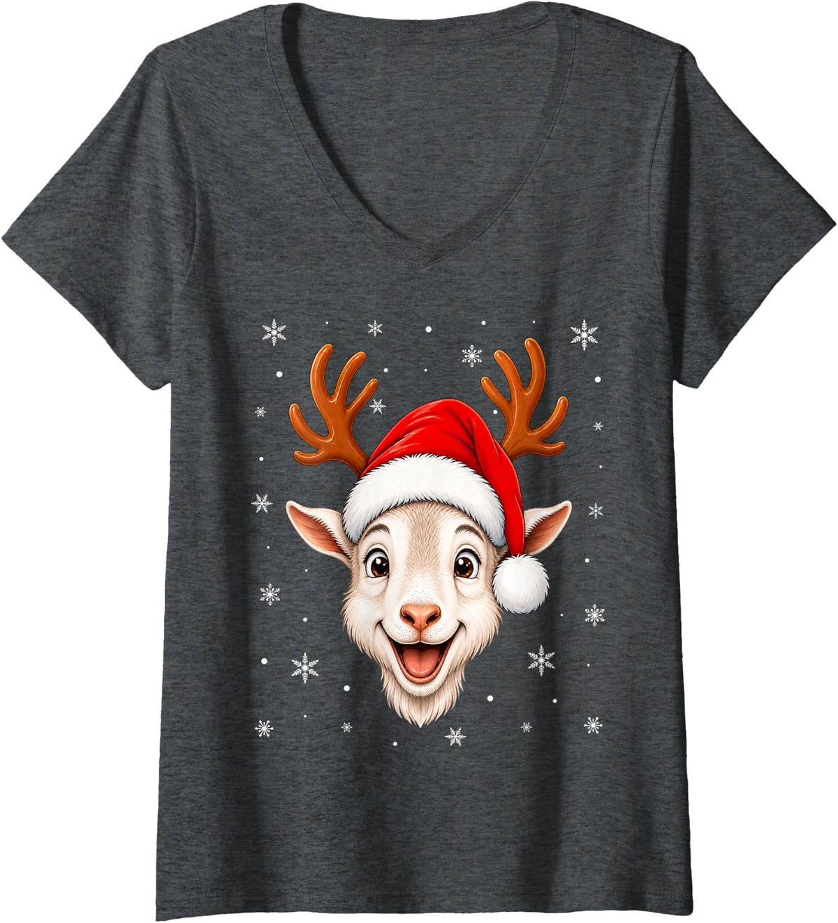 Women's Cute Animal Reindeer Horn Santa Goat Christmas V-Neck T-Shirt - Dark Heather Grey