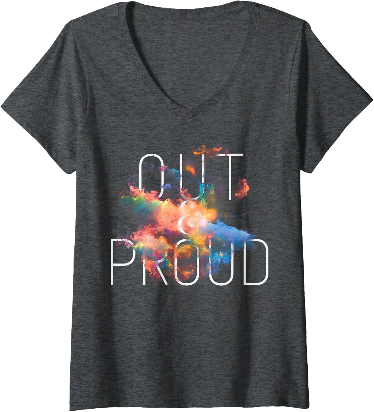 Women's Out and Proud LGBT Pride Color Cute Equality V-Neck T-Shirt - Dark Heather Grey