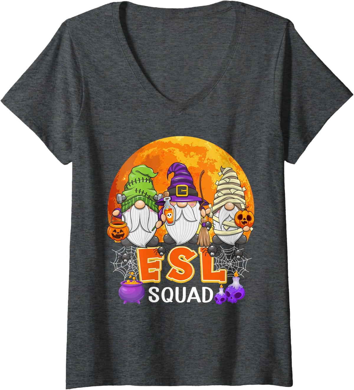 Women's ESL Squad Halloween ESL Teacher Gnome Matching V-Neck T-Shirt - Dark Heather Grey