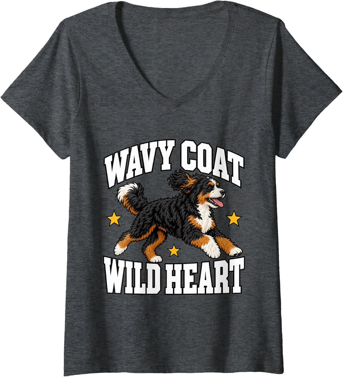 Women's Bernedoodle Wavy Coat Wild Heart Dog Mom Dad Owner V-Neck T-Shirt - Dark Heather Grey
