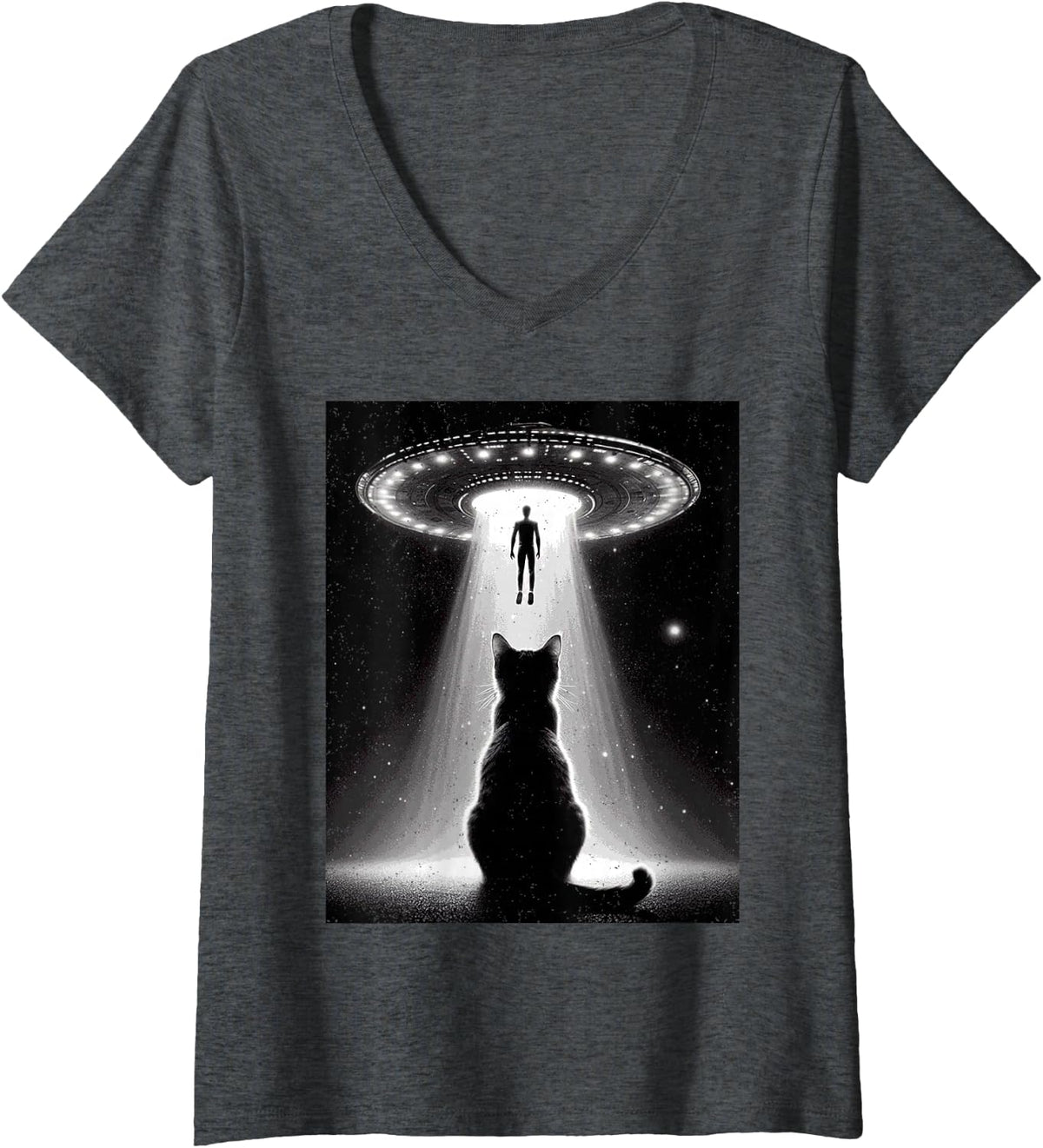 Women's UFO Abduction Cat Moon Day Alien Kitten Lover Feline Owner V-Neck T-Shirt - Dark Heather Grey