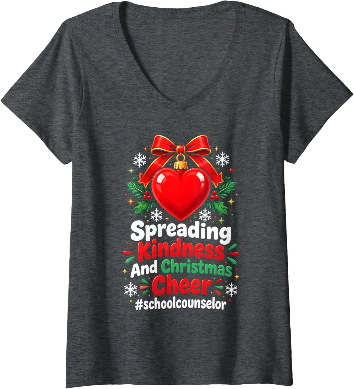 Women's Spreading Kindness and Cheer School Counselor Christmas V-Neck T-Shirt - Dark Heather Grey