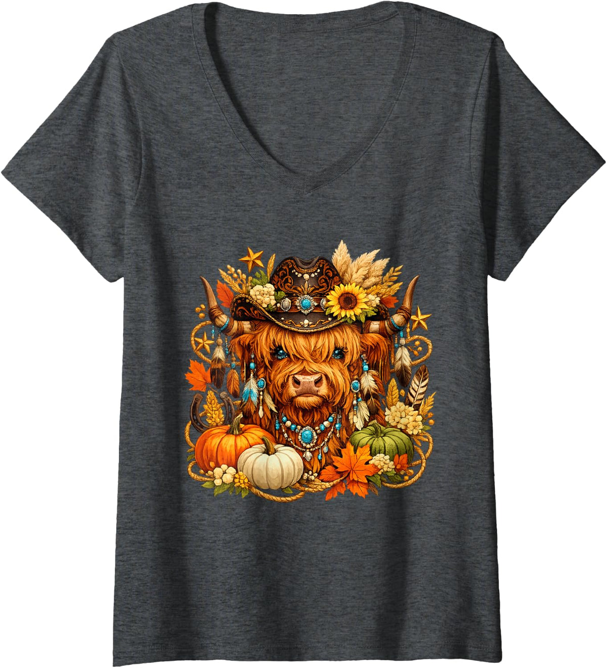 Women's Highland Cow Autumn Boho Cowboy Hat, Sunflowers, Pumpk V-Neck T-Shirt - Dark Heather Grey