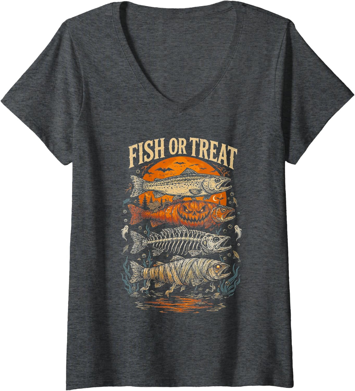 Women's Fish Or Treat Halloween Trout Fishing Fisherman Spooky Funny V-Neck T-Shirt - Dark Heather Grey