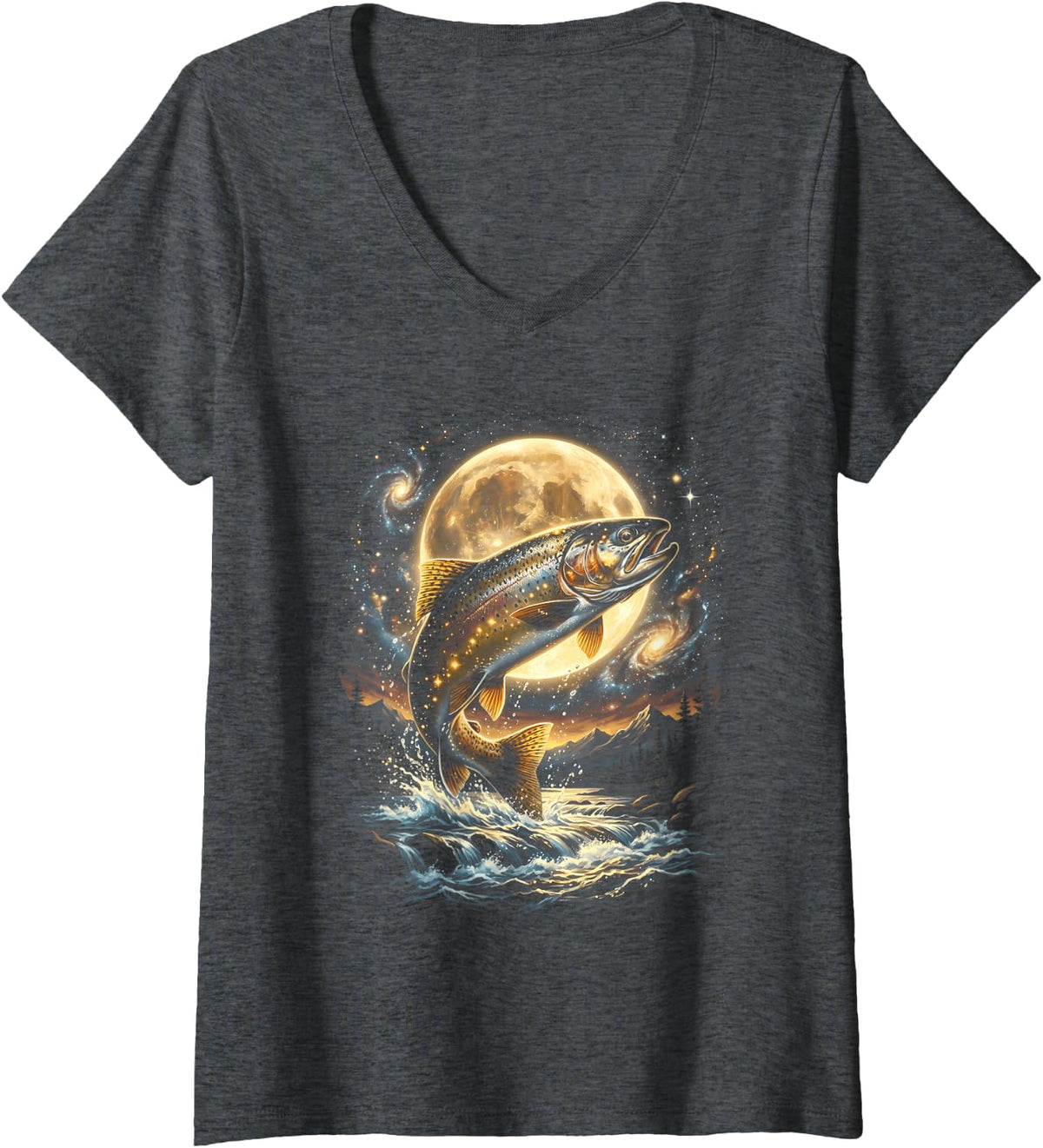 Women's Trout Howling to The Moon Meme Howl At Moon V-Neck T-Shirt - Dark Heather Grey