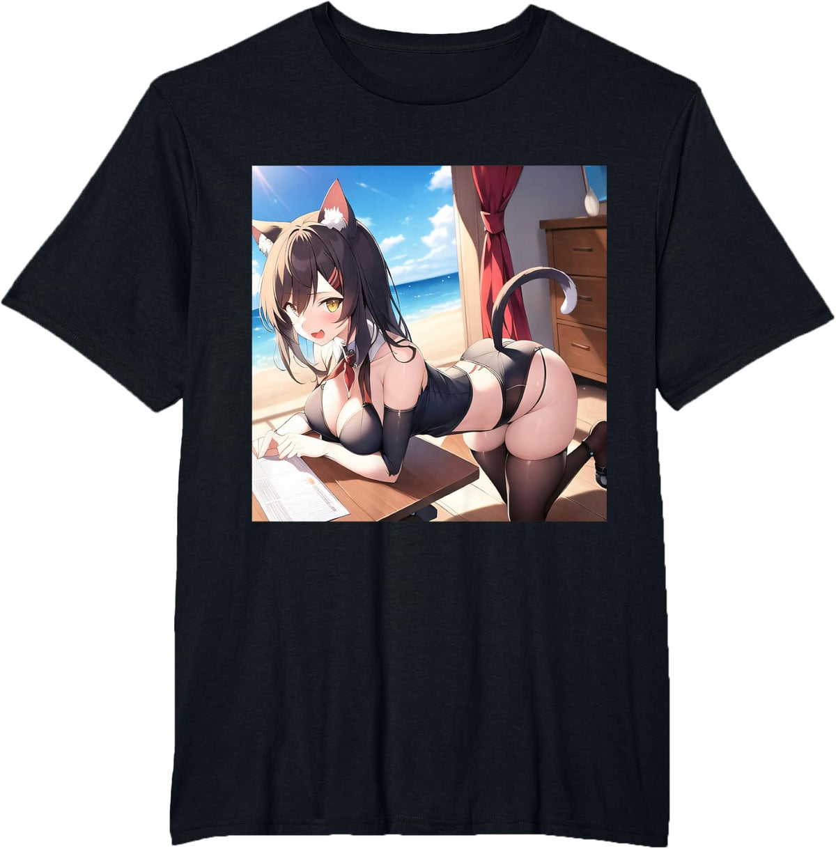 Cute Sexy Anime Manga Furry Cat Ears And Tail T-Shirt - Black