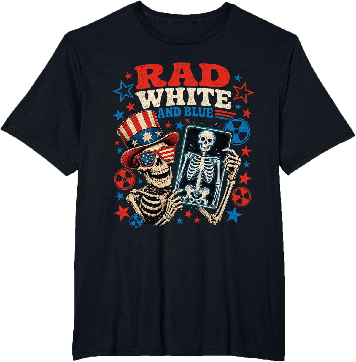 Rad White and Blue Funny Skeleton Patriotic MRI CT X-ray T-Shirt - Black
