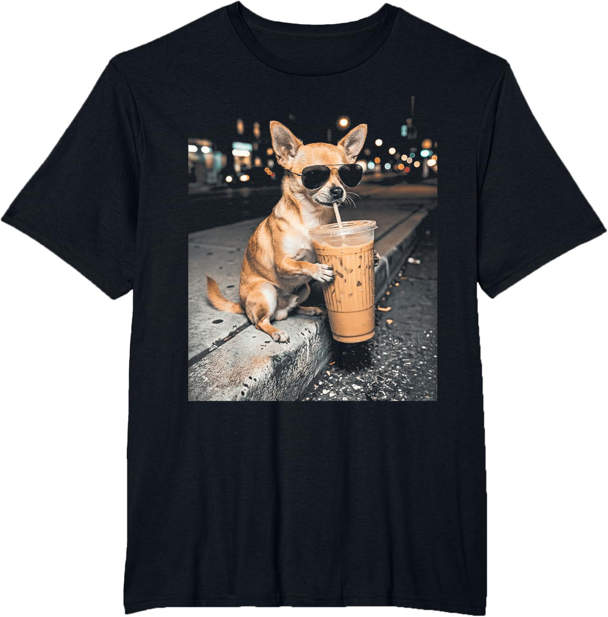Chihuahua Drinking Iced Coffee Funny Animal Meme T-Shirt Tee for Men Women - Black